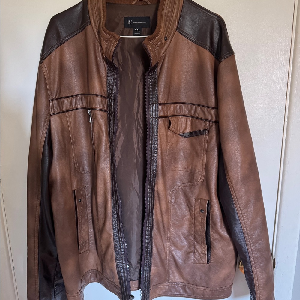 INC International Concepts Faux Leather Two-Tone Brown Jacket